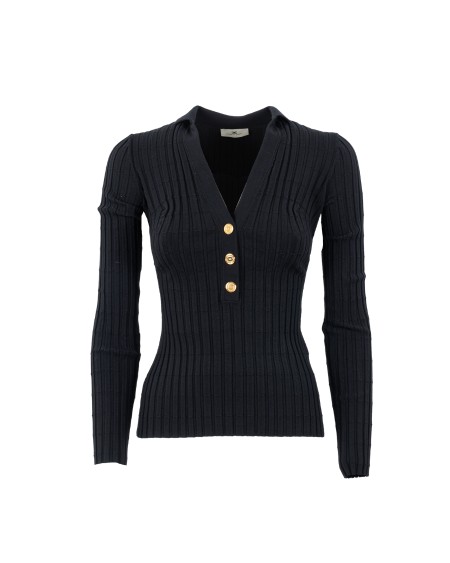 Shop ELISABETTA FRANCHI  Maglia: Elisabetta Franchi maglia in viscosa a coste con bottoniera.
Bottoni in metallo dorato.
Colletto in piedi.
Scollo a V.
Finta abbottonatura.
Vestibilità slim.
Composizione: 71% Viscosa 18% Poliammide 11% Poliestere.
Made in Italy.. MK62S46E2-110